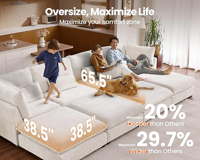 Oversized Modular Sofa, Extra Deep Cloud Chenille Sectional Couch with Ottoman Chaise, Fluffy Chenille 2 Seater Sofa Bed for Living Room, Villa (Sofa Bed 4 Seater, Chenille White)