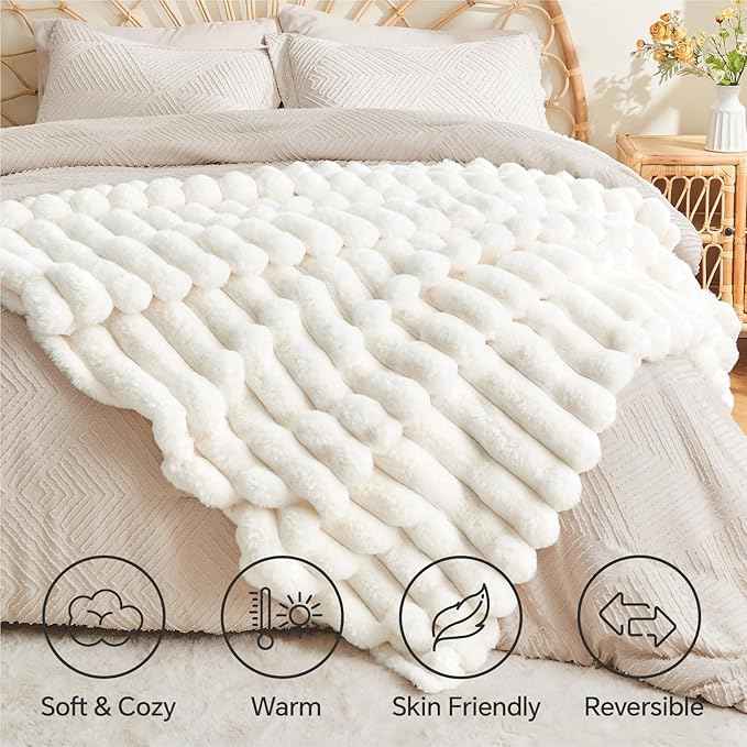 BEDELITE Faux Fur Throw Blanket for Couch, Soft and Cozy Luxurious 3D Striped Fluffy Blanket, 770GSM Thick Warm Plush Fuzzy Faux Rabbit Fur Blanket for Women Gift (Cream, 60