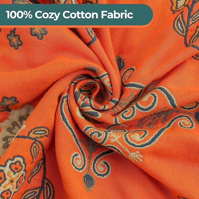 Throw Blanket for Couch Bed Chair,100% Cotton Soft Lightweight Blanket Rustic Quilt -Orange Floral Printed Farmhouse Decor Bed All Season Blankets,90