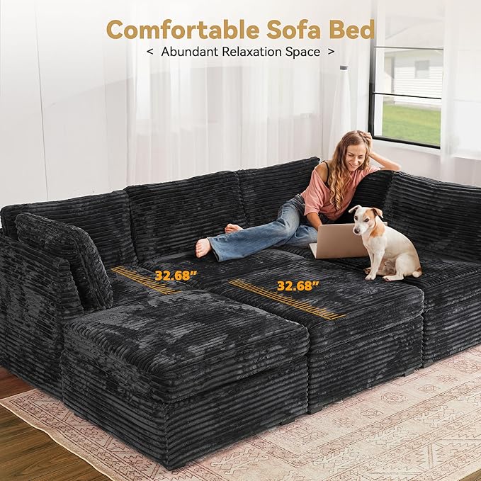 Modular Sectional Sofa with Chaise U Shaped Sectional Couch for Living Room, 5-Seater Comfy Cloud Couches with One Movable Ottoman, Plush Corduroy, Black