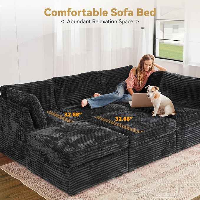 Modular Sectional Sofa with Chaise U Shaped Sectional Couch for Living Room, 8-Seater Comfy Cloud Couches with One Movable Ottoman, Plush Corduroy, Black