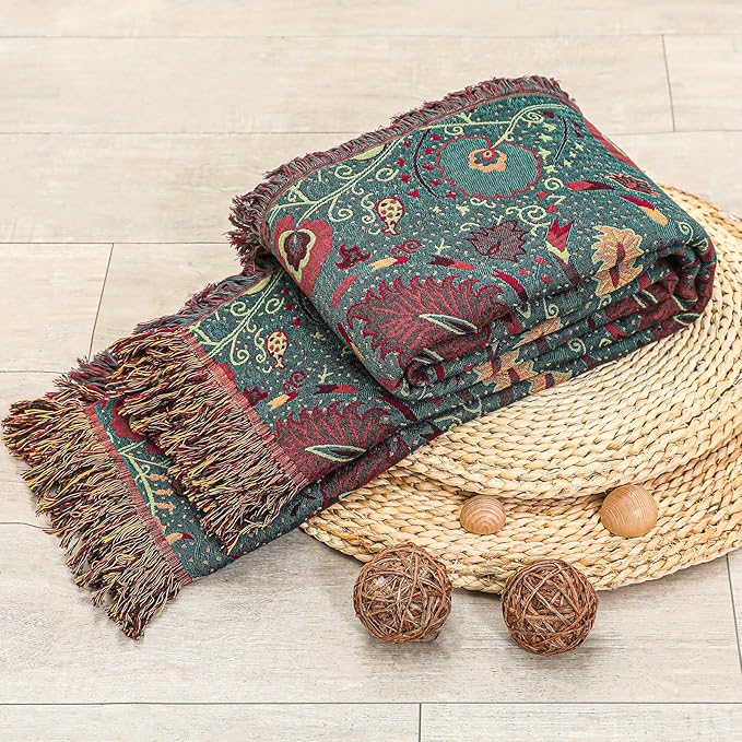 Boho Fall Throw Blanket for Bed，100% Ultra Cotton Soft Breathable Bed Throw Floral Printed Farmhouse Decor Rustic Bed Throws for Couch Sofa Quilt 90