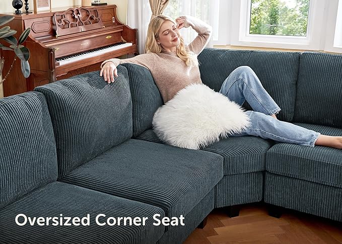 Nolany Sectional Couch with Storage Ottoman, Corduroy Sleeper Sectional Sofa with Chaise, Modular Sectional Couches for Living Room, Blue