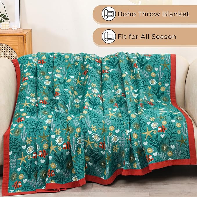 Boho Throw Blanket, 100% Organic Cotton Skin-Friendly Breathable Ultra Soft Bed Quilt Throw - All Season Blue & Red FishFarmhouse Decor Blanket for Sofa Couch Chair and Gift. 60