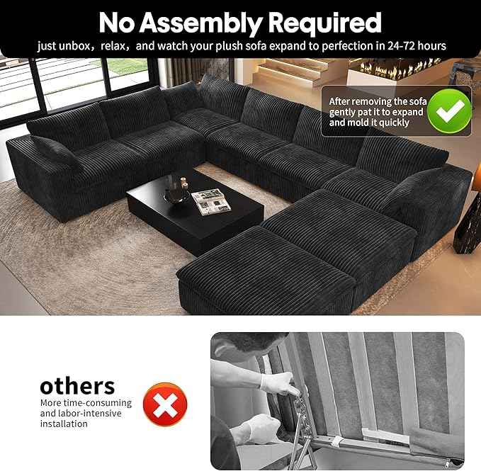 Oversized Modular Sectional Cloud Couch,157.5" U Shaped Modern Sofa with 2 Ottoman and 2 Middle Seats,Upholstered Couches with Corduroy Fabric for Living Room Furniture,No Assembly Required,Black