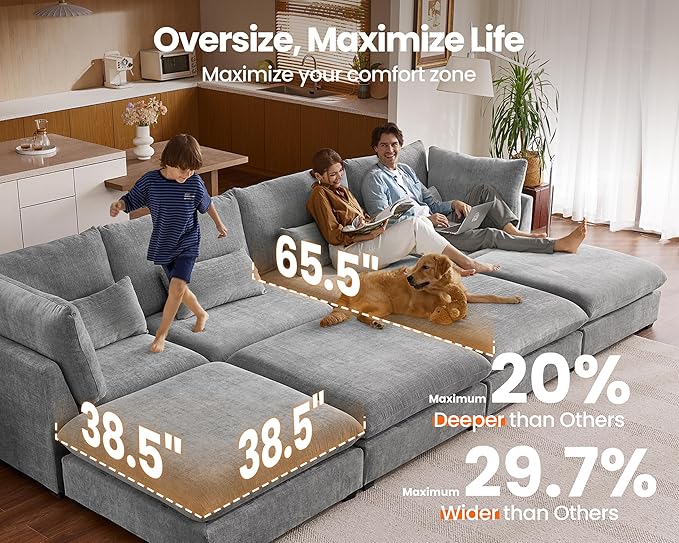 Oversized Modular Sofa, Extra Deep Cloud Chenille Sectional Couch with Ottoman Chaise, Fluffy Chenille 5 Seater Sofa Bed for Living Room, Villa (L Shape 5 Seater, Chenille Grey)