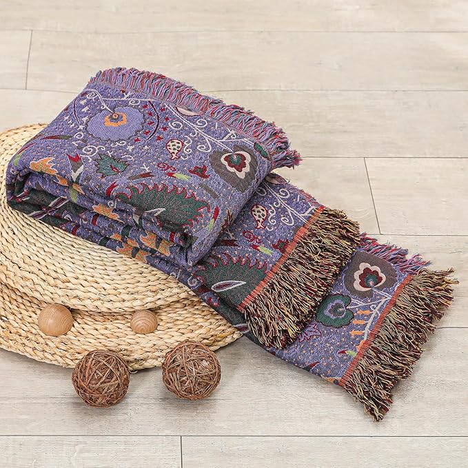 Boho Fall Throw Blanket for Bed Purple Flowers，100% Ultra Cotton Soft Breathable Bed Throw Floral Printed Farmhouse Decor Rustic Bed Throws for Couch Sofa Quilt 80