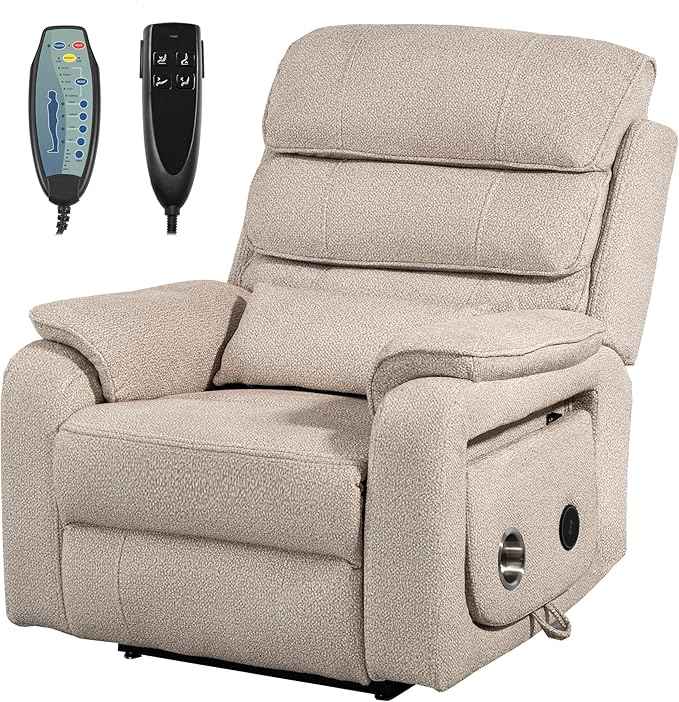 Power Lift Recliner Chair for Adults Elderly Lay Flat Velvet Recliners with Massage Heating, Extended Footrest, Wireless Charging Device, USB Ports, Cup Holder, Lumbar Pillow