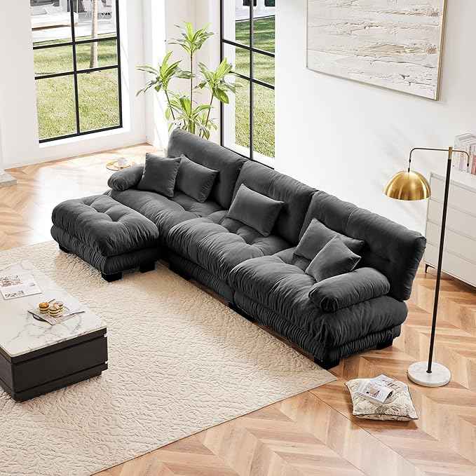 L Shaped Couch Sectional Couch, 3-Seater Cloud Couch Sectional Oversized Couch, Sofa Bed Couch with Round Bolster Armrests 5 Pillows, Modular Couch Home Sofa Living Room Couch(Gray)