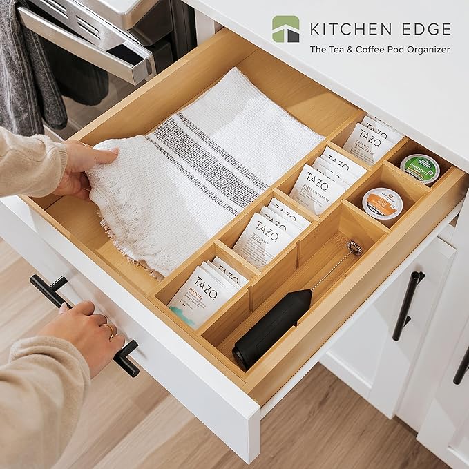 Premium Tea Bags and Coffee Pods Drawer Organizer – Small 9-Compartment Design with Removable Wall Inserts, Non-Slip Feet, 100% Sustainable Bamboo