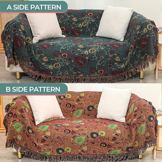 Boho Fall Throw Blanket for Bed，100% Ultra Cotton Soft Breathable Bed Throw Floral Printed Farmhouse Decor Rustic Bed Throws for Couch Sofa Quilt 90