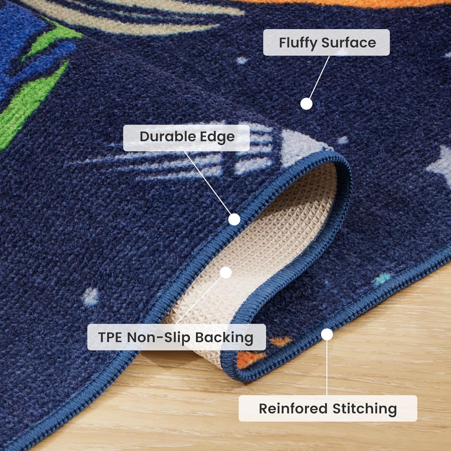 Kids Rugs for Playroom, Non Slip Area Rugs for Bedroom - Rocket Galaxy