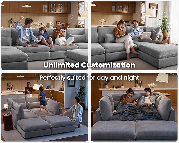 Oversized Modular Sofa, Extra Deep Cloud Chenille Sectional Couch with Ottoman Chaise, Fluffy Chenille 4 Seat L-Shaped Sofa for Living Room, Villa (L Shape 4 Seater, Chenille Grey)