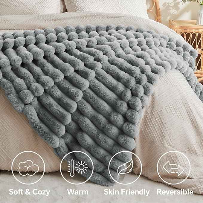 BEDELITE Faux Fur Throw Blanket for Couch, Soft and Cozy Luxurious 3D Striped Fluffy Blanket, 770GSM Thick Warm Plush Fuzzy Faux Rabbit Fur Blanket for Women Gift (Crey, 50