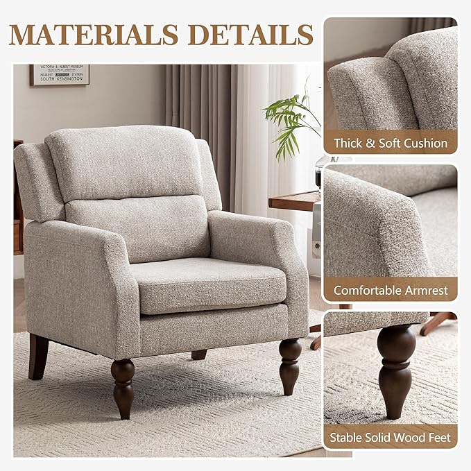 Kidol & Shellder Oatmeal Oversized Accent Chair for Living Room Set of 2 Modern Reading Chair with Back Wide Upholstered Comfy Single Sofa Chair Bedroom Lounge Side Corner Boucle Fabric Armchair
