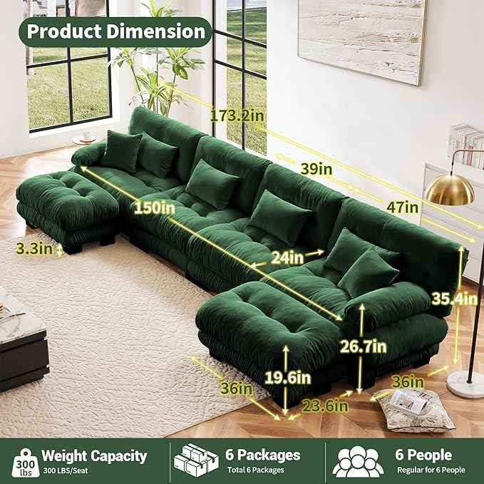 Modular Sectional Sofa, Comfy Cloud Couch 4 Seater Couch with Ottoman, Sectional Couches for Living Room, Modern Chenille U Shaped Couches, Sleeper Deep Seat Sofa with Throw Pillows, Green