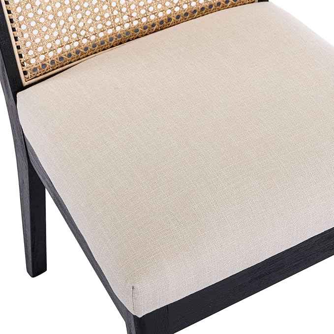 VESCASA Upholstered Dining Chairs with Square Rattan Back, Armless Padded Linen Cushion Dining Chairs with Wood Legs for Dining Room, Kitchen, Set of 2, Black Frame