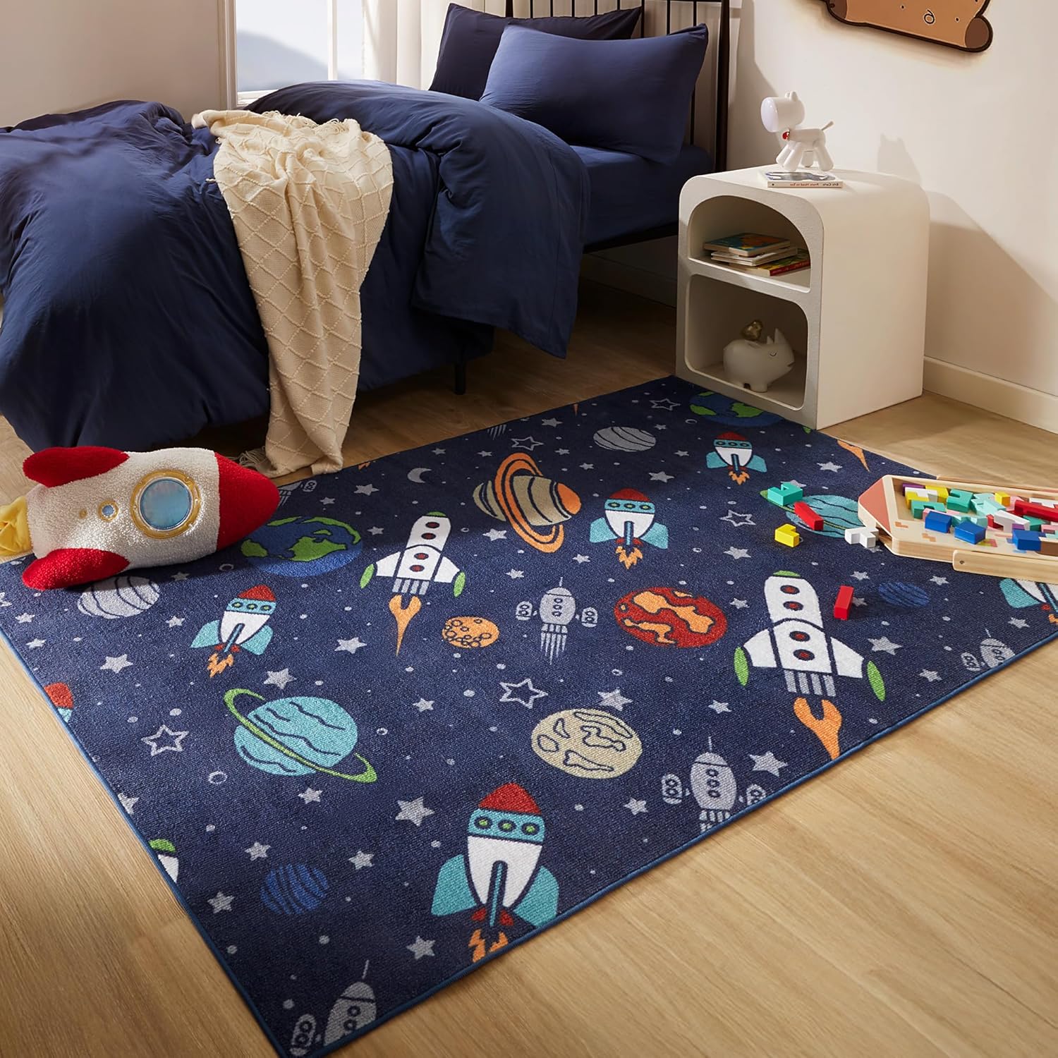 Kids Rugs for Playroom, Non Slip Area Rugs for Bedroom - Rocket Galaxy