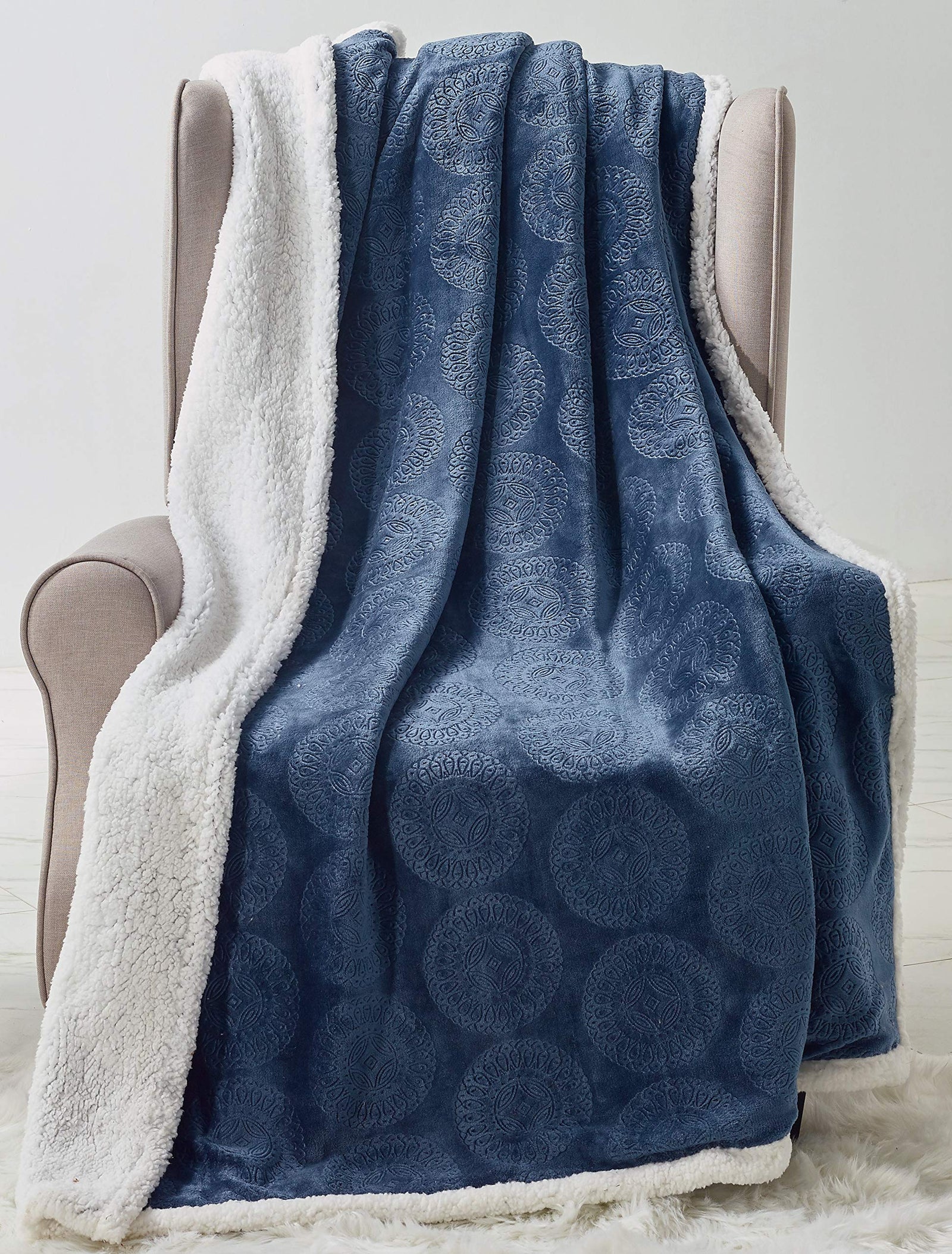 Decor & More Bon Iver Collection Extra Soft Mandala Embossed Microplush Throw Blanket with Sherpa Backing (50