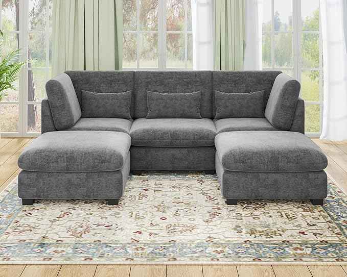 Oversized Modular Sofa, Extra Deep Cloud Chenille Sectional Couch with Ottoman Chaise, Fluffy Chenille 5 Seater Sofa Bed for Living Room, Villa (U Shape 5 Seater, Chenille Grey)