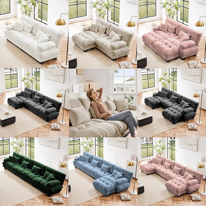Modular Sectional Sofa, Comfy Cloud Couch Oversized Loveseat with Ottoman, Sectional Couches for Living Room, Modern Chenille L Shaped Couch, Sleeper Deep Seat Sofa with Throw Pillows, Blue