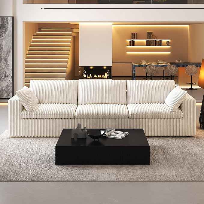 118" 3-Seater Cloud Sofa,Modular Sectional Couch,Modern Deep Seat Upholstered Couches with Plush Corduroy Fabric for Living Room Furniture,Bedroom and Apartment,No Assembly Required,White
