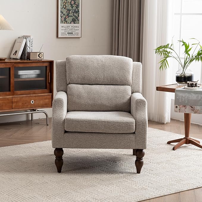 Kidol & Shellder Oatmeal Oversized Accent Chair for Living Room Mid Century Modern Reading Chair with Back Wide Upholstered Comfy Single Sofa Chair Bedroom Lounge Side Corner Boucle Fabric Armchair