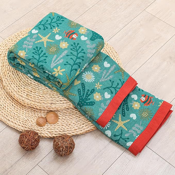 Boho Throw Blanket, 100% Organic Cotton Skin-Friendly Breathable Ultra Soft Bed Quilt Throw - All Season Blue & Red FishFarmhouse Decor Blanket for Sofa Couch Chair and Gift. 60