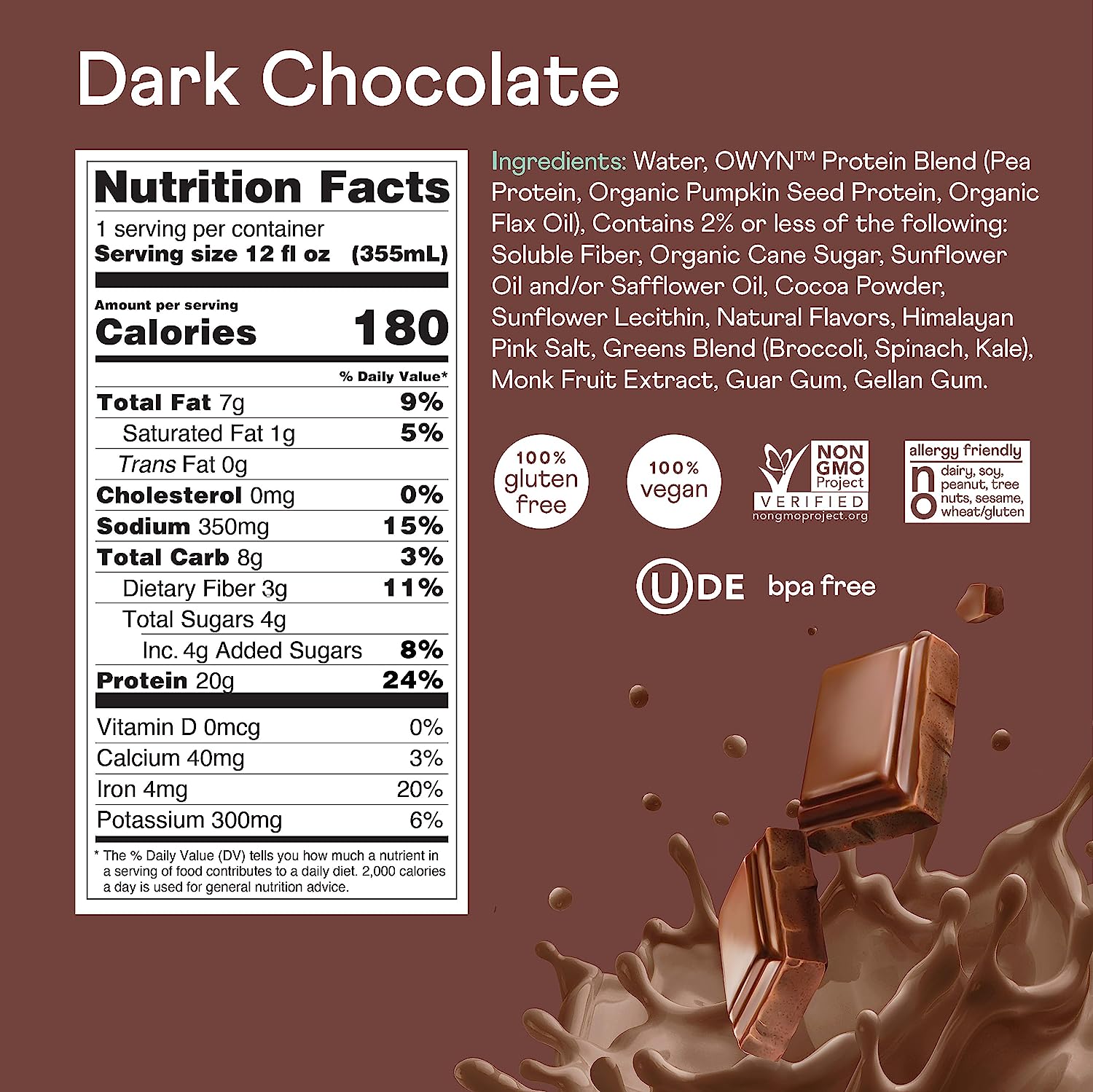 OWYN - Plant-Based Protein Shake - Dark Chocolate - 12 Fl Oz. (Pack of 12)