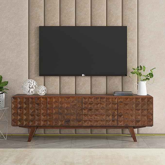 NTC Sapa Mid-Century Modern Solid Wood TV Stand 4-Door Media Console with Carved Geometric Fronts for TVs up to 75", Effortless Assembly, Dark Walnut