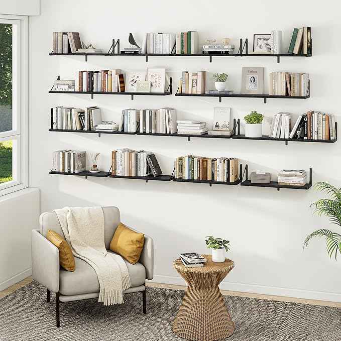 Heimlove 36 Inch Black Floating Bookshelves Set of 3,Heavy Duty Wall Mounted Bookshelves,Bookshelf for Living Room,Bedroom,Kitchen,Laundry Room Storage & Decor