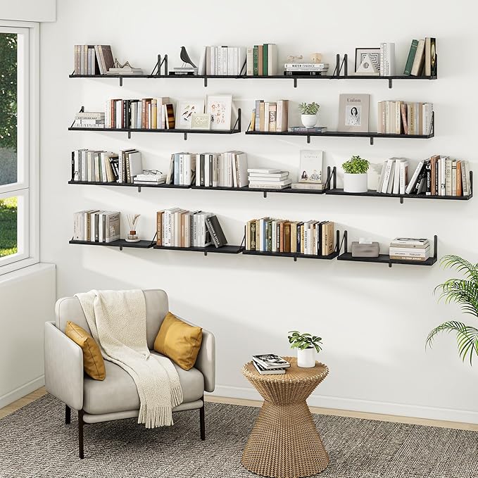 Heimlove 24 Inches Black Floating Shelves,8 Inches Deep Wall Bookshelf Mounted Display&Storage Wood Wall Shelves for Kitchen Bathroom Laundry Living Room,Set of 3