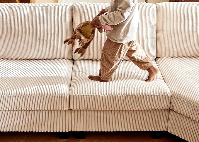 Nolany Corduroy Sectional Couch with Storage Ottoman, Sleeper Sectional Sofa with Chaise, Modular Sectional Couches for Living Room, Beige