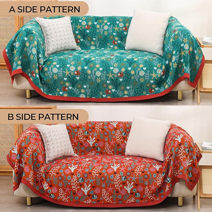 Boho Throw Blanket, 100% Organic Cotton Skin-Friendly Breathable Ultra Soft Bed Quilt Throw - All Season Blue & Red FishFarmhouse Decor Blanket for Sofa Couch Chair and Gift. 60