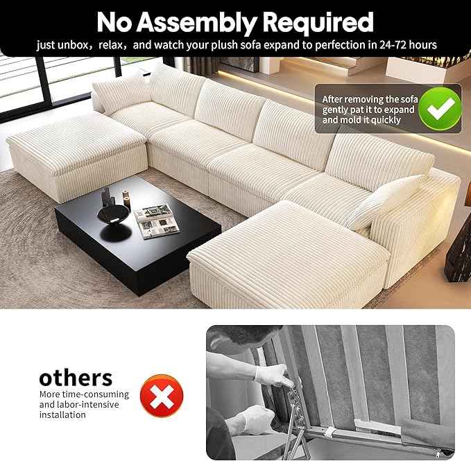 157.5" U Shaped Modern Sofa Modular Sectional Cloud Couch with 2 Ottoman,Deep Seat Upholstered Couches with Corduroy Fabric for Living Room Furniture,Bedroom and Apartment,No Assembly Required,White