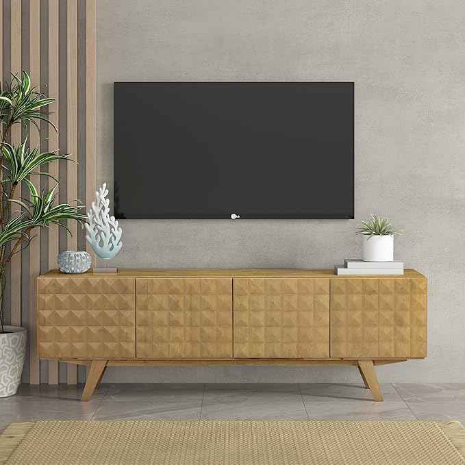 NTC Sapa Mid-Century Modern Solid Wood TV Stand 4-Door Media Console with Carved Geometric Fronts for TVs up to 75