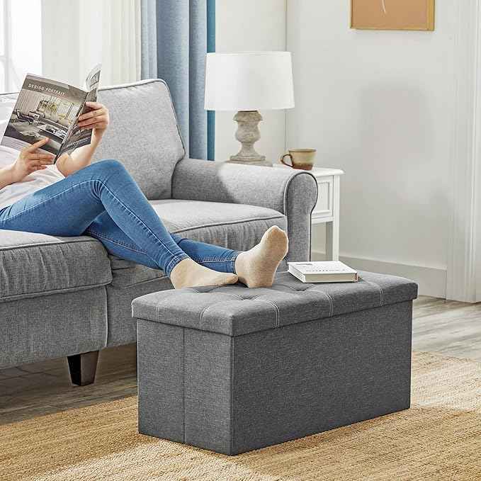 SONGMICS Mazie Collection - 30 Inches Ottoman Storage Bench, 21 Gal. Folding Chest with Breathable Linen-Look Fabric, Load up to 660 lb, for Entryway, Living Room, Bedroom, Dark Gray ULSF001G01