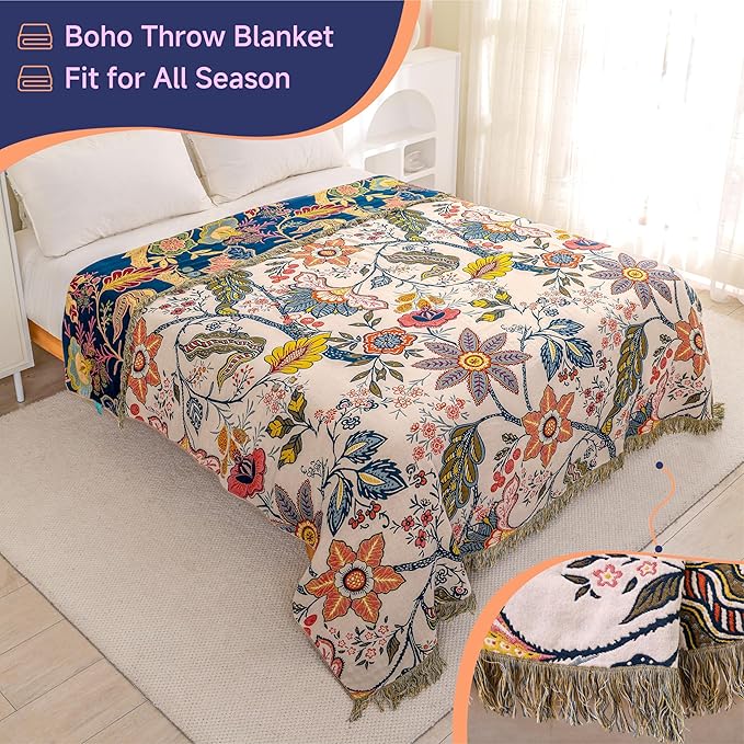 Boho Cotton Throw Blanket - Ultra-Soft Rustic Quilt for Bed, Home Decor & Travel - Large 90