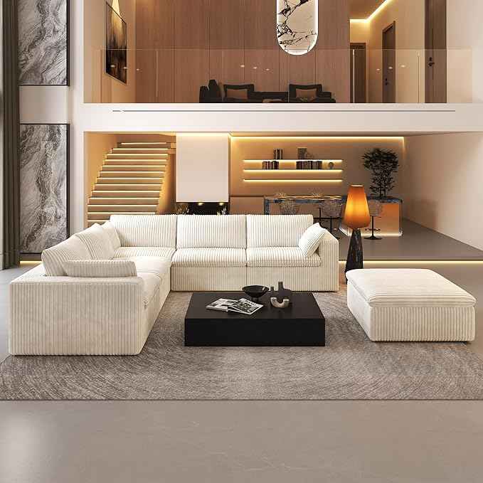 118" 6-Seater Cloud Sofa,Modular Sectional Couch with Ottoman,Modern Deep Seat Upholstered Couches with Plush Corduroy Fabric for Living Room Furniture,Bedroom and Apartment,No Assembly Required,White