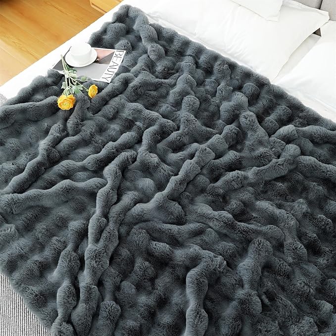 RYNGHIPY Faux Fur Throw Blanket Double Side Thick and Warm Plush Fluffy Faux Rabbit Fur Decoration for Couch Sofa Chair and Bed Cozy Winter Blanket (Dark Grey, 63''x79'')