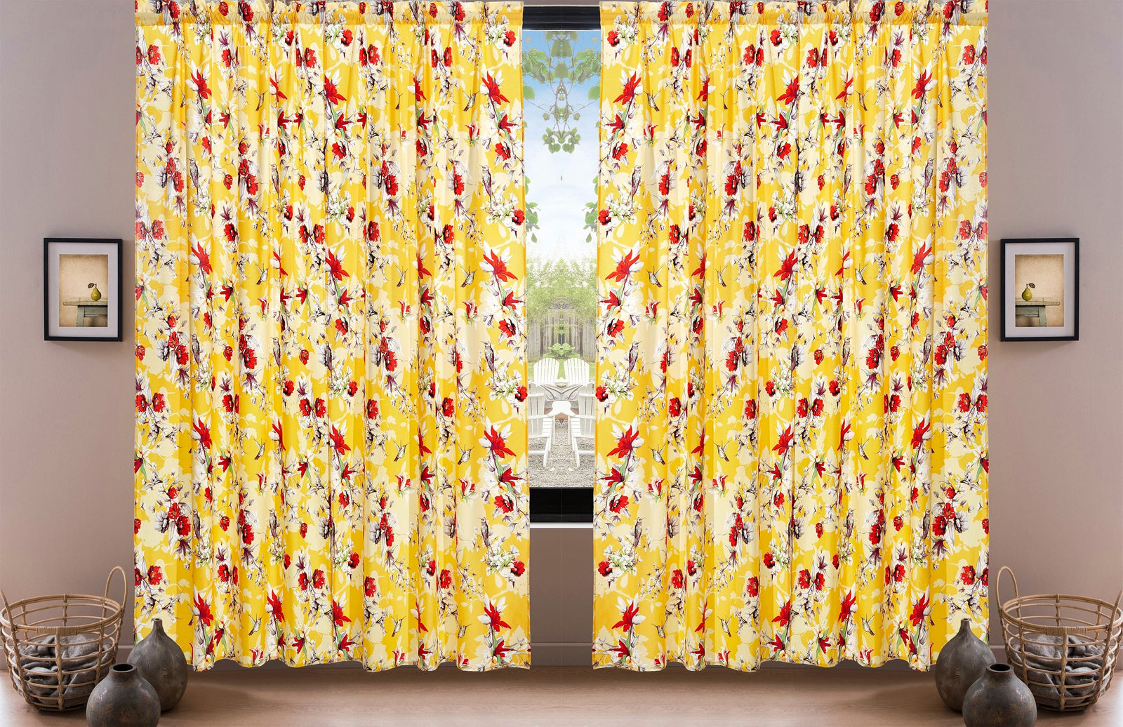 DaDa Bedding Set of 2 Radiant Sunshine Yellow Floral Window Curtain Panels - Natural Semi Sheer Hummingbirds Farmhouse Red Flowers Straight Tailored Edge
