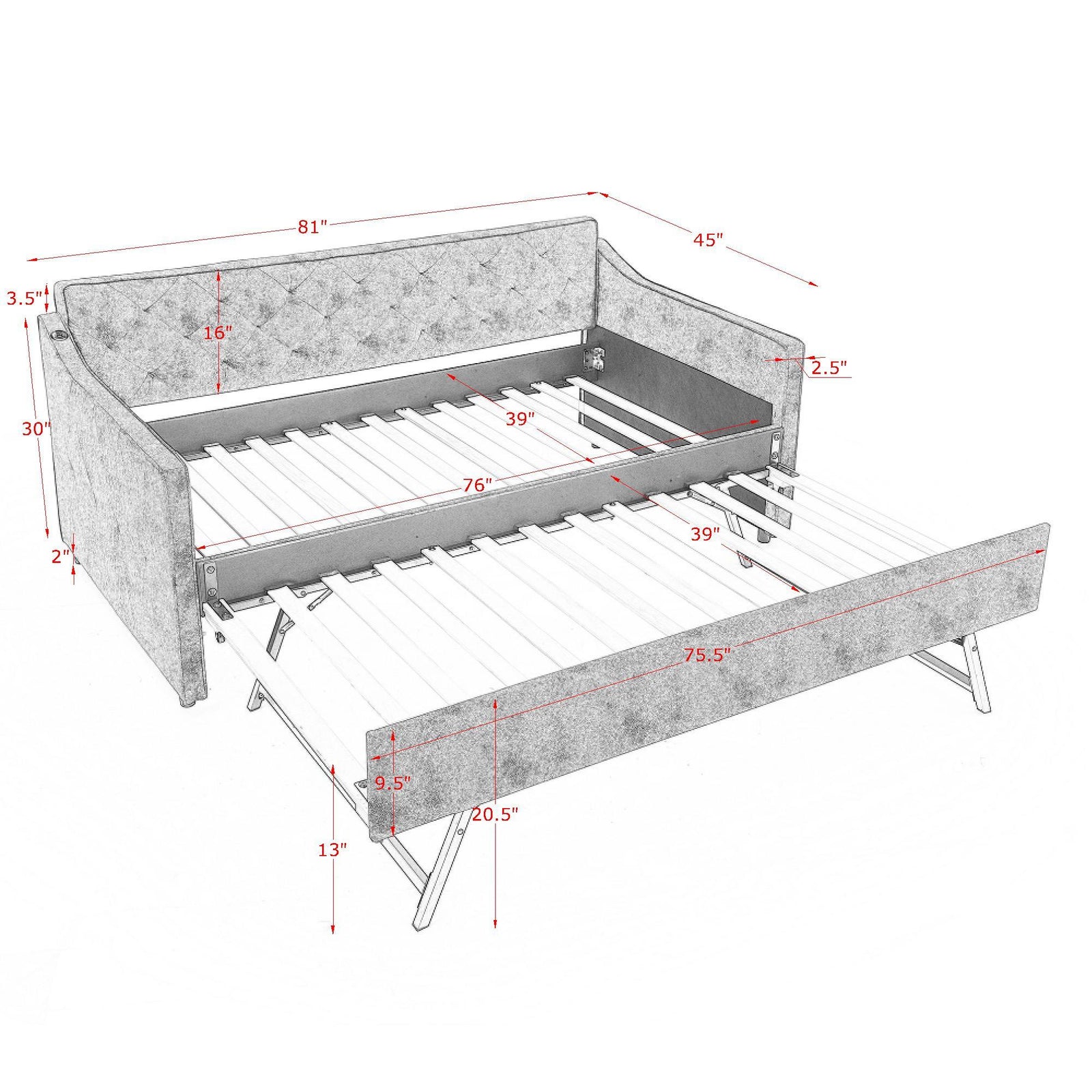 Daybed With Pop Up Trundle And USB Charging Armrest