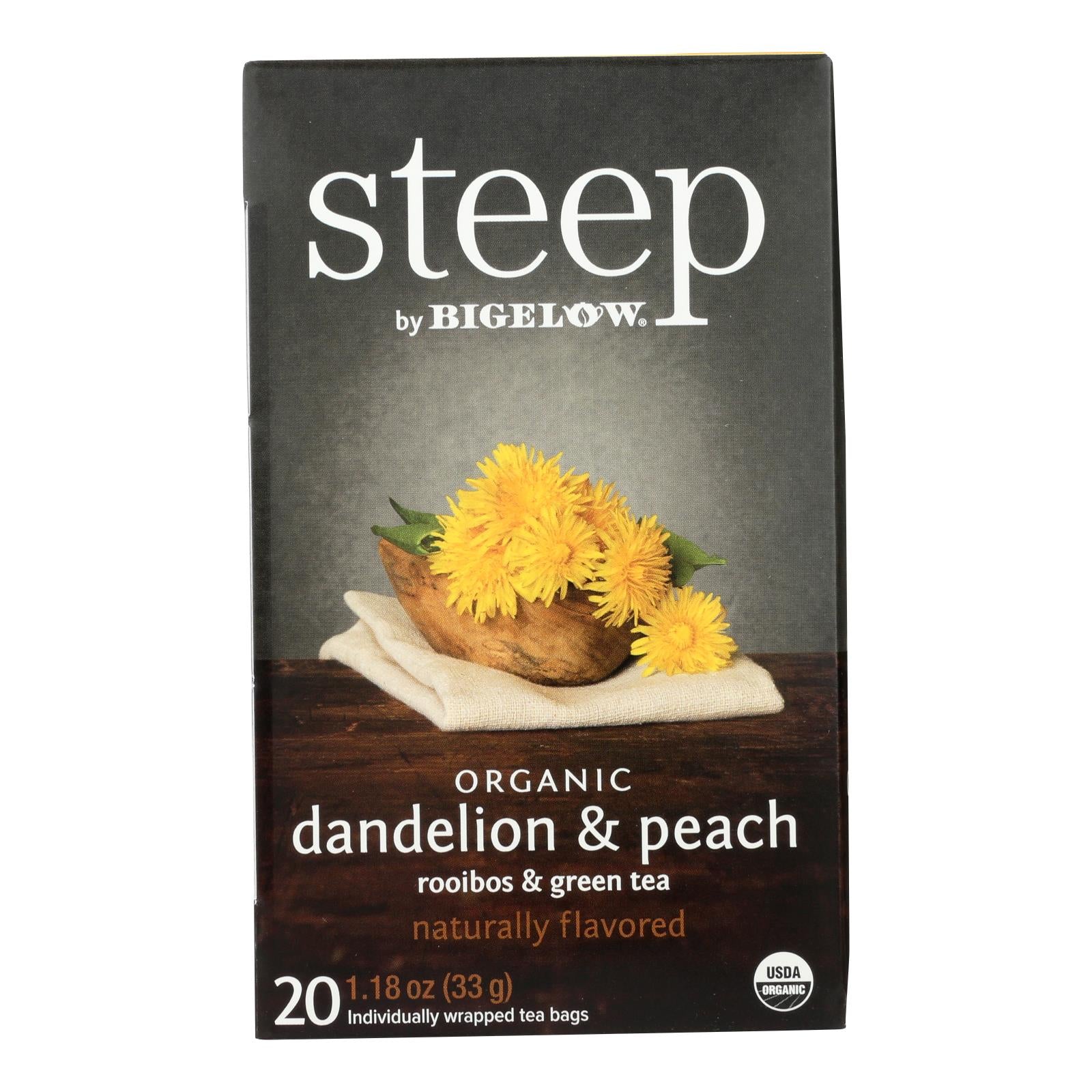 Steep By Bigelow Organic Dandelion Peach Rooibos Green Tea, 20 Tea Bags (Pack of 6)