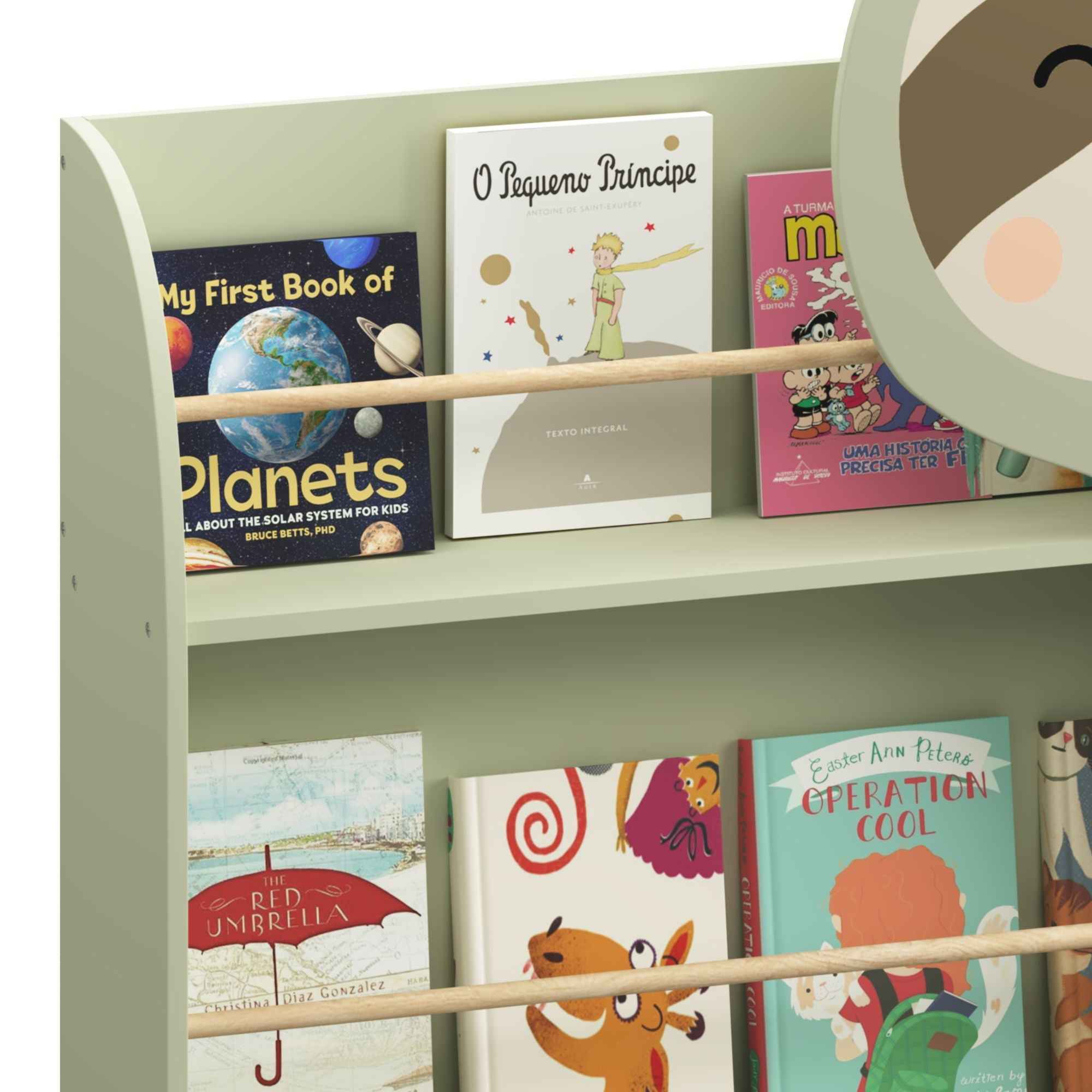 Sloth Bookshelf, Front Facing Toddler Book Display Rack With 3 Tiers, Cute Animal Design - Sage Green