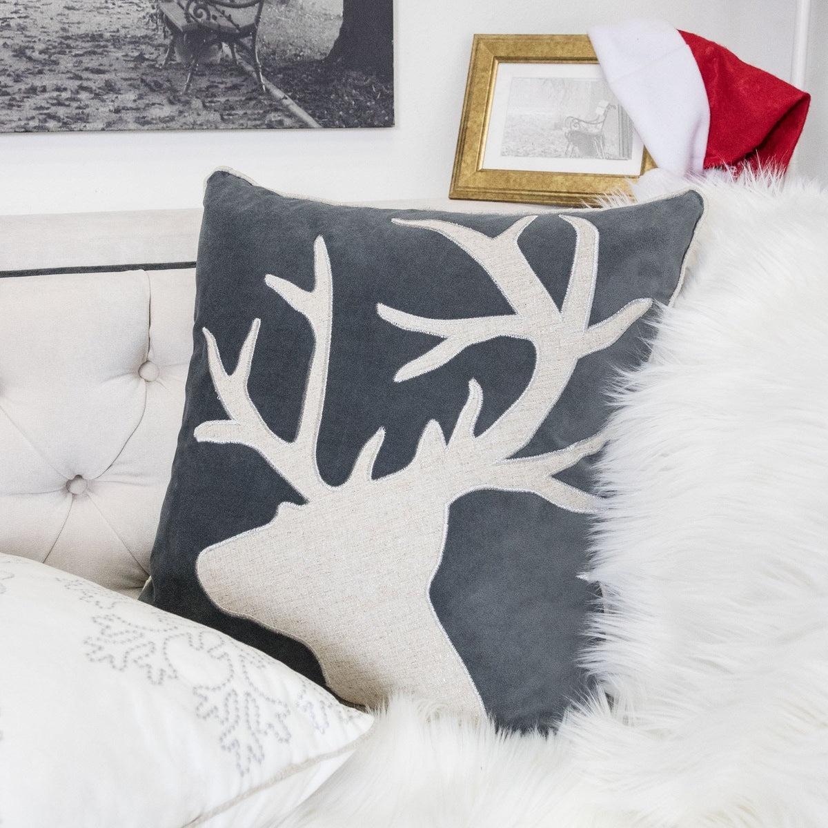 Holiday Reindeer Velvet Accent Pillow 20x20 – Gray and White