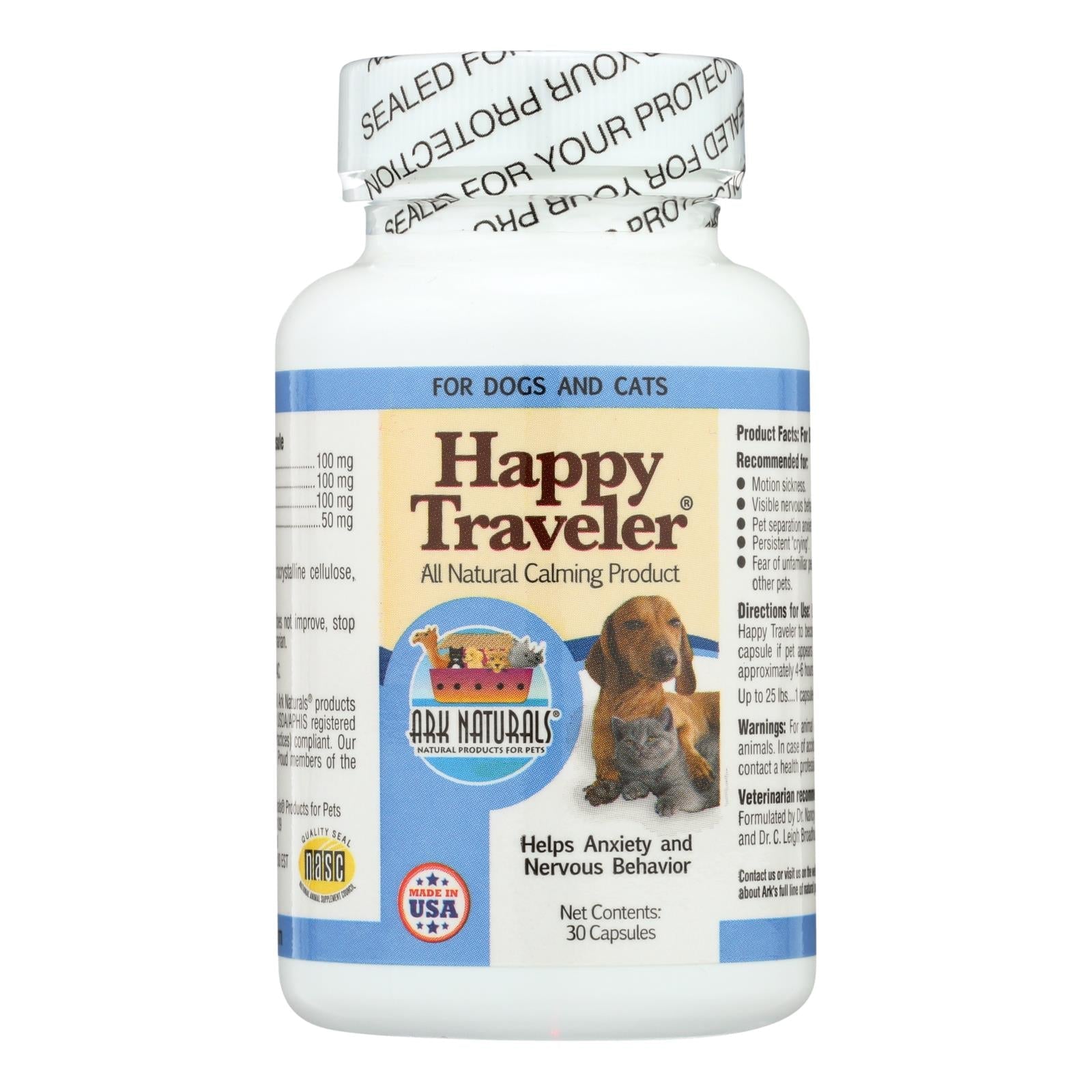 Ark Naturals Happy Traveler Calming Aid for Dogs and Cats - 30 Capsules