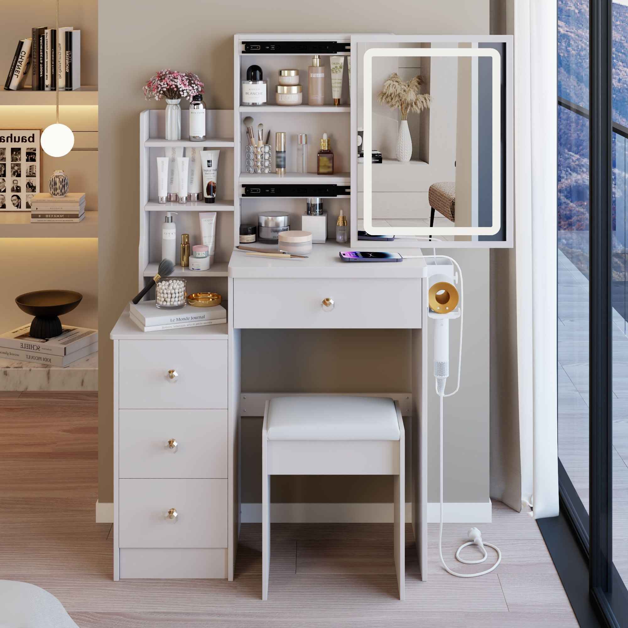 Cabinet Vanity Table & Cushioned Stool, USB Power Station, Hair Dryer Bracket - White