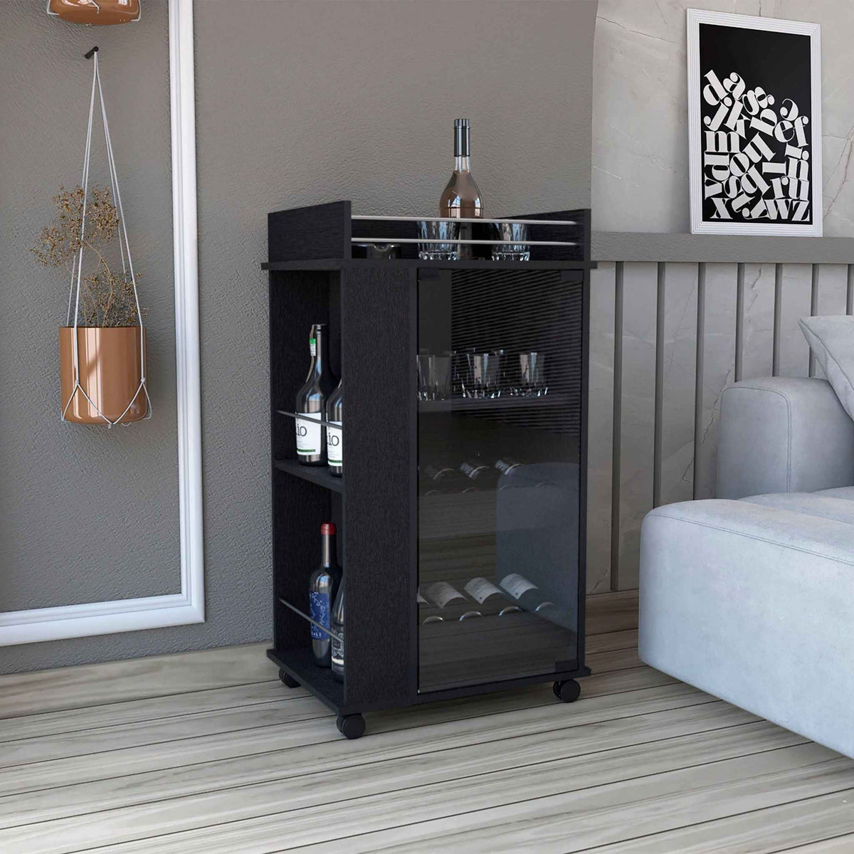 Bar Cart With Glass Door, 2 Side Shelves And Casters - Black