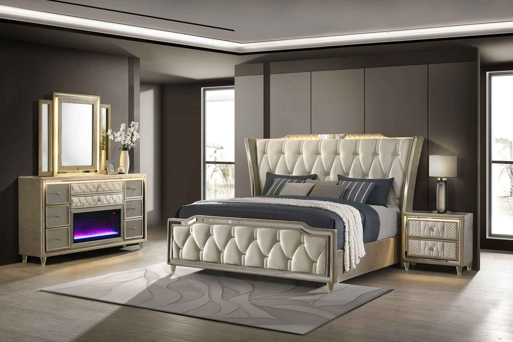 Lorient 4-piece Eastern King Bedroom Set Ivory and Camel