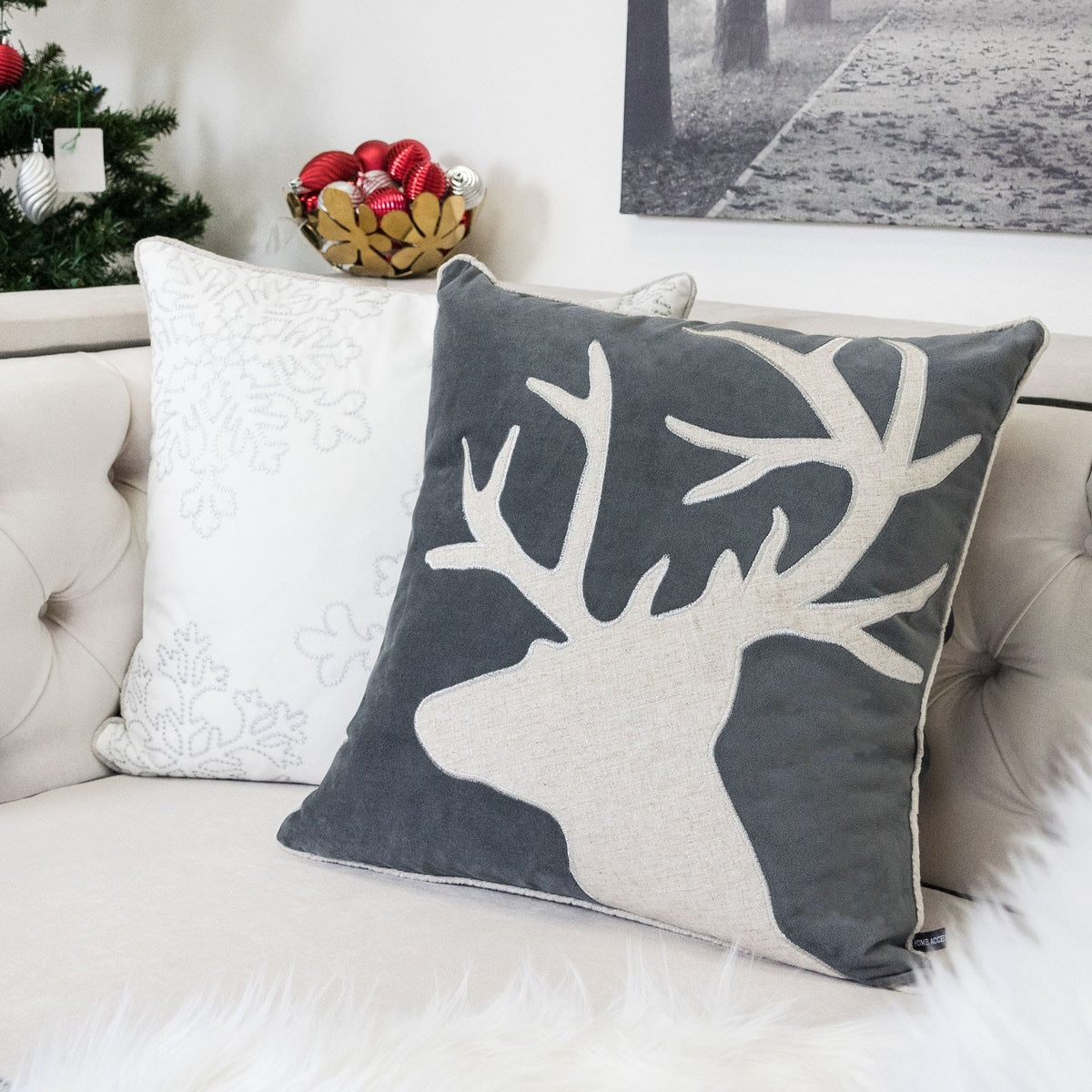 Holiday Reindeer Velvet Accent Pillow 20x20 – Gray and White